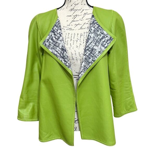 Lafayette 148 NY Soft Leather Open Front Jacket Size L Green Silk Blend Lining - Picture 1 of 10